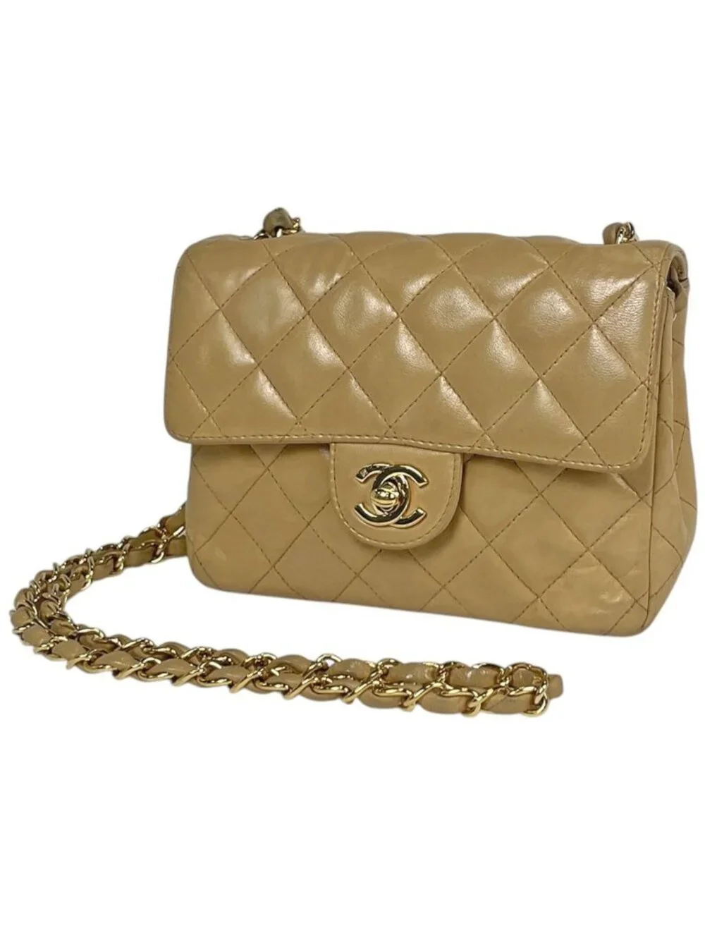 Chanel Mini Quilted Shoulder Bag CC Logo Single Flap Leather Beige